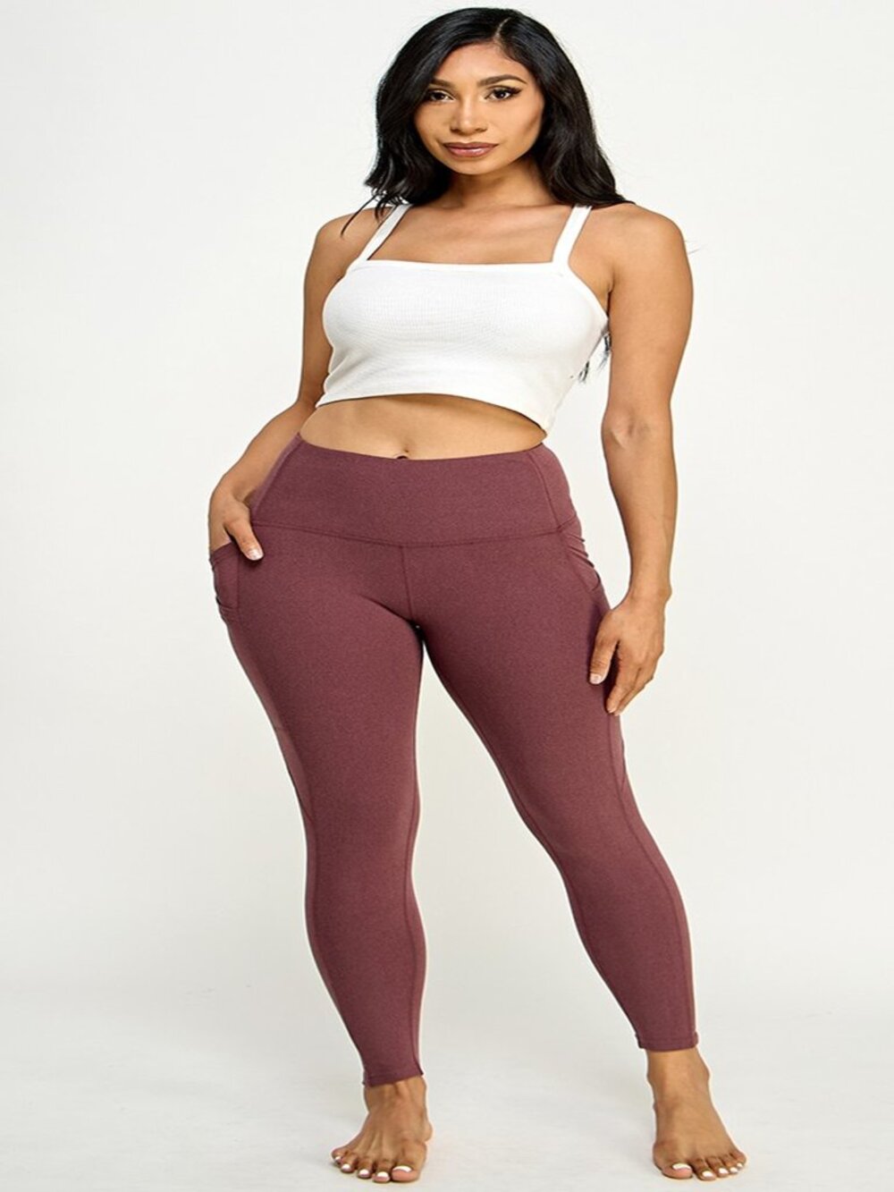 Womens Extra High Waist Comfort Band Yoga Leggings w/Pockets Maroon S-L